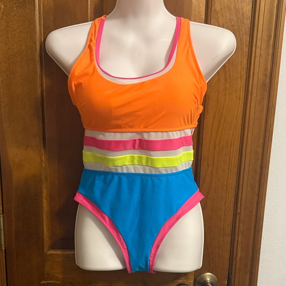 SHEIN Orange and Blue One Piece Swimsuit